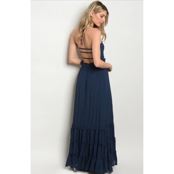 🌞 •LAST 1• Navy Halter Strappy Maxi Boho Dress - Picture 4 of 5